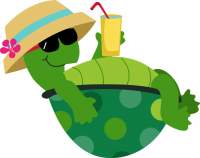 Picture of a turtle wearing a hat and holding a drink.